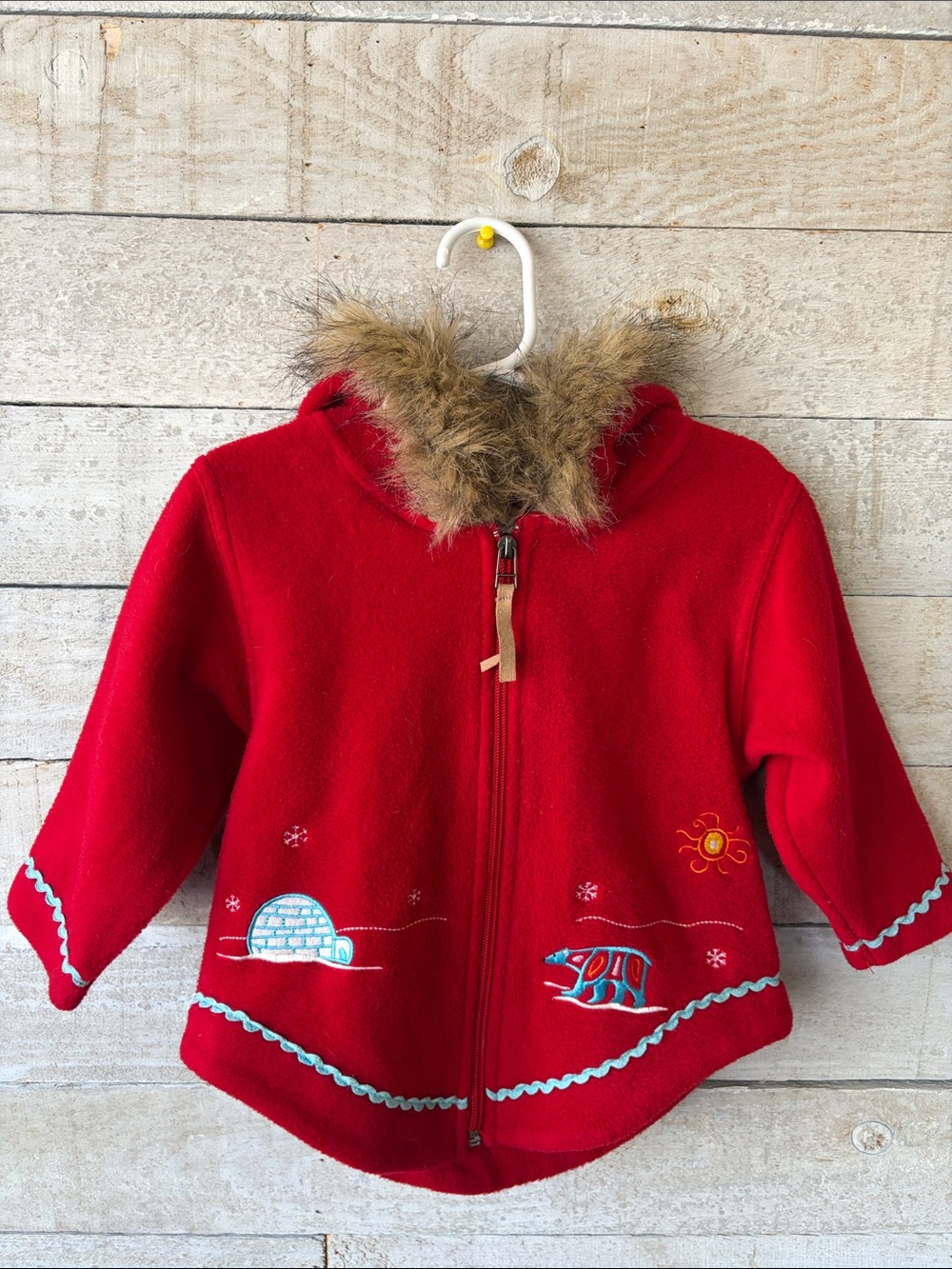 Inuk embroidered fleece jacket faux fur hood